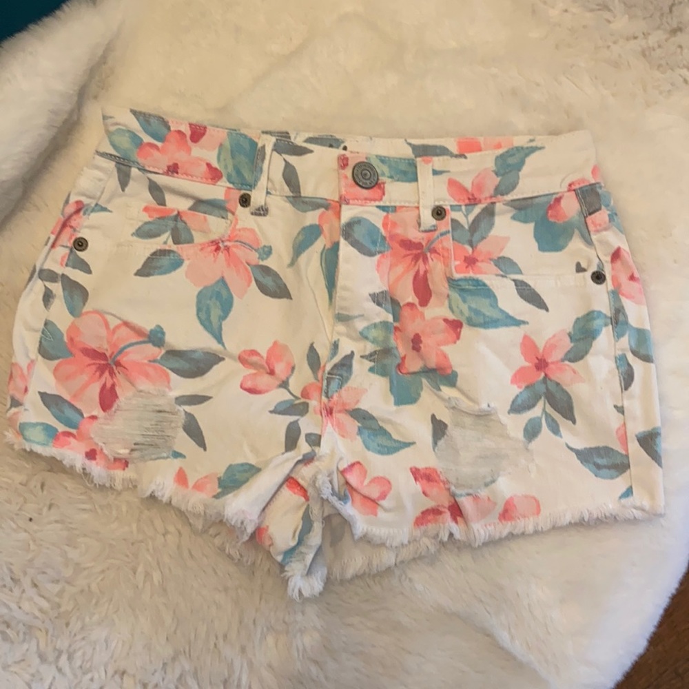 Aerie high rise cut off distressed floral shorts